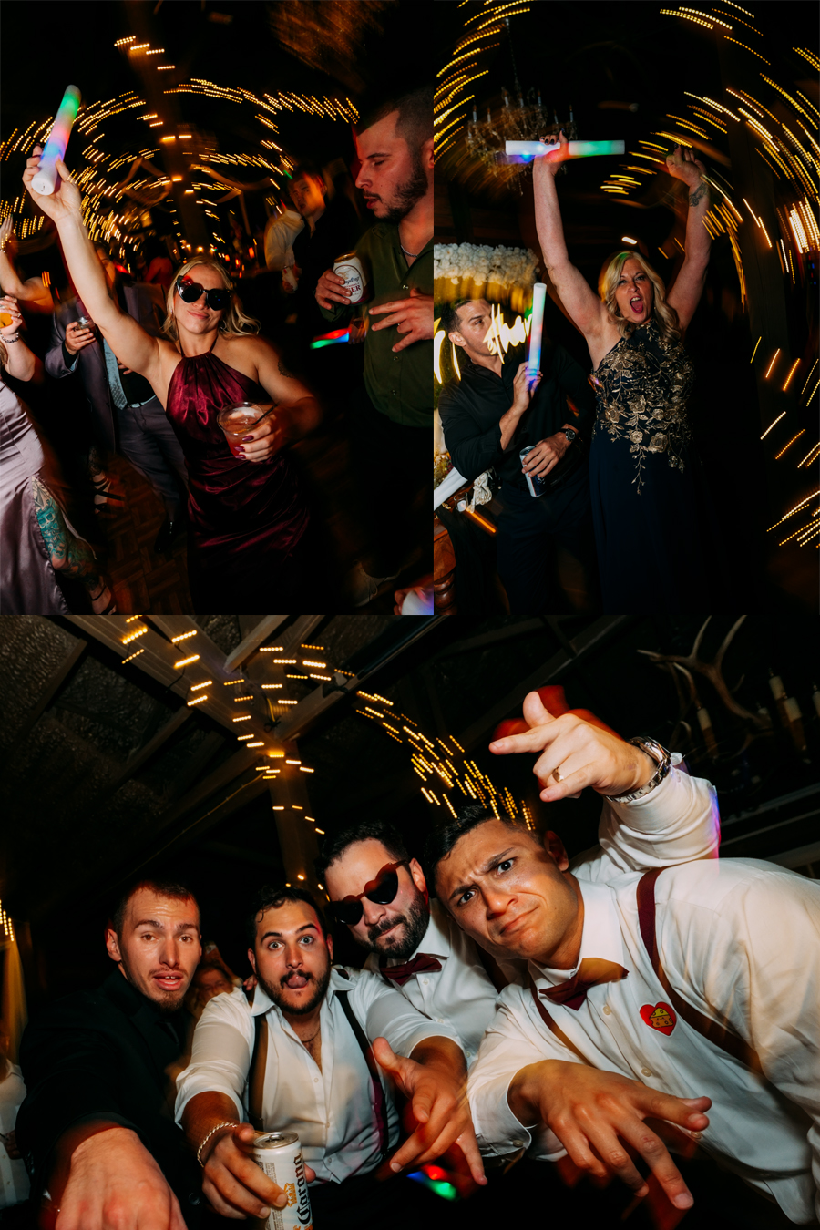 Collage of groom and guests having fun at the reception dance at Ever After Farms Ranch